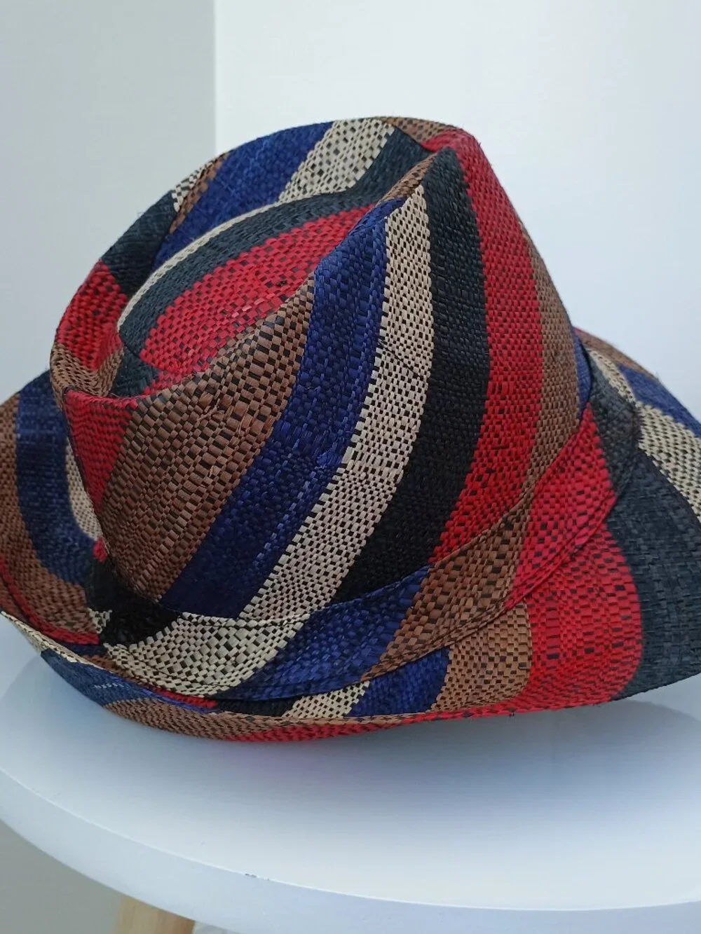 Lightweight raffia fedora hat made in Madagascar, red, blue